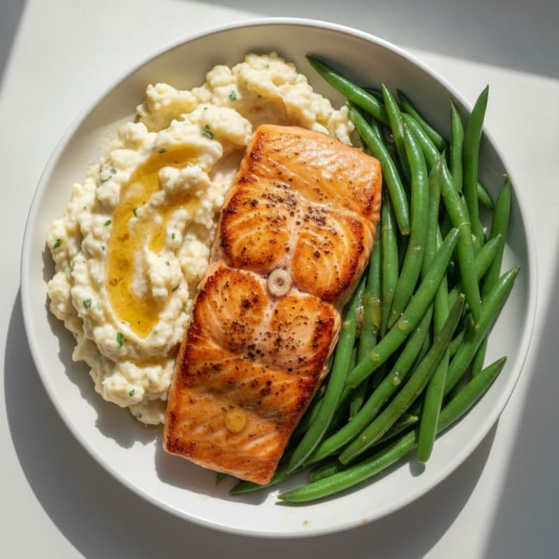 Seared Salmon with Steamed Green Beans and Garlic Mashed Cauliflower
