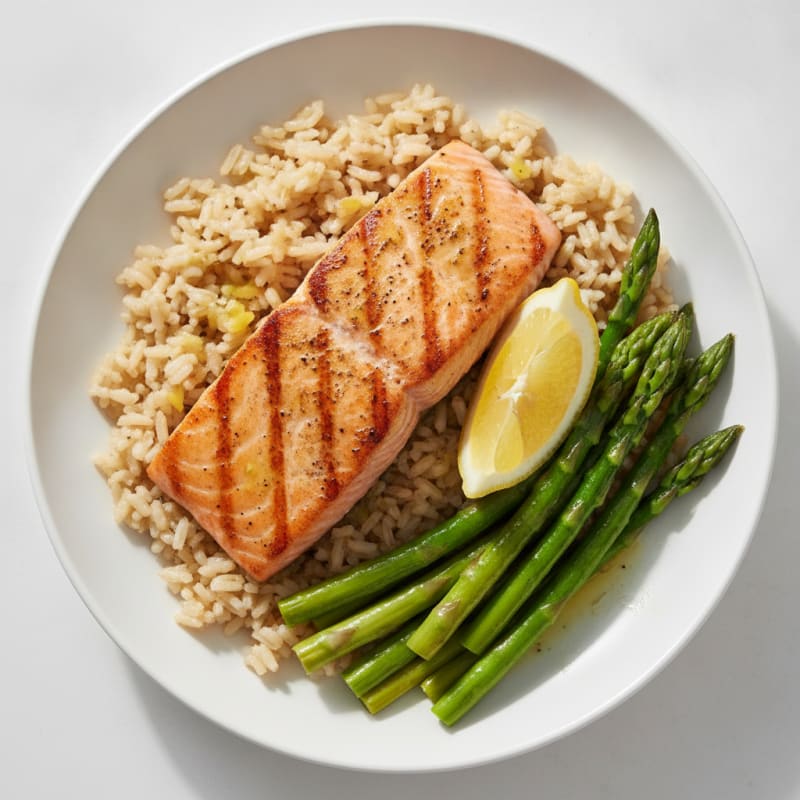 Seared Salmon with Steamed Asparagus and Brown Rice