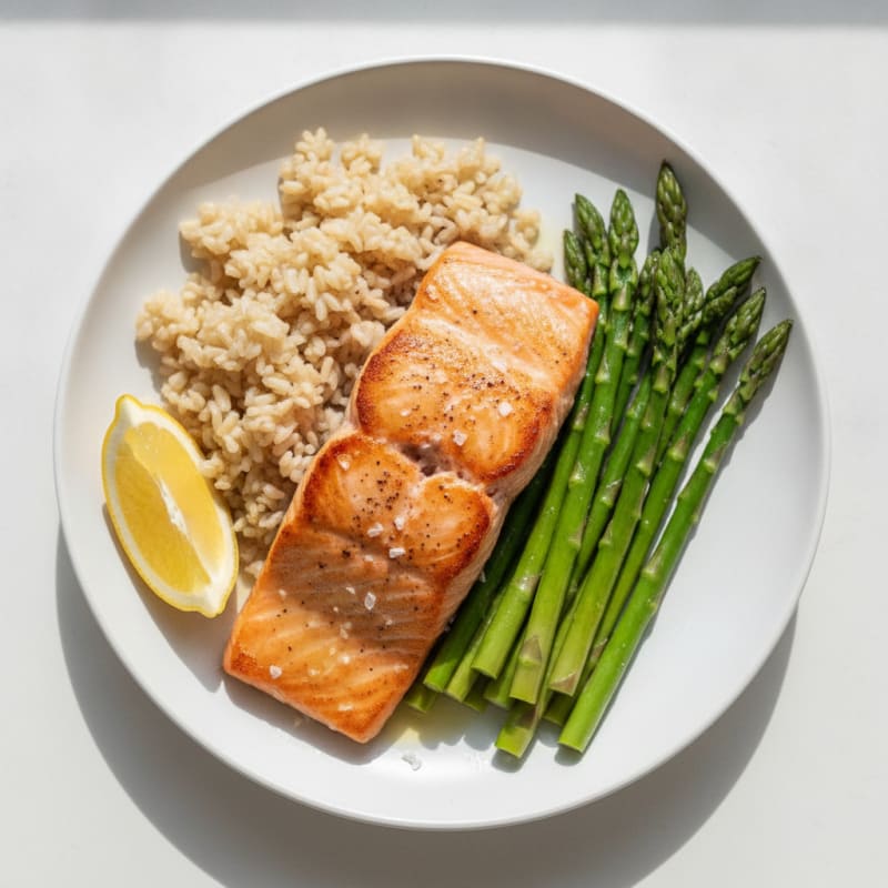 Seared Salmon with Steamed Asparagus and Brown Rice
