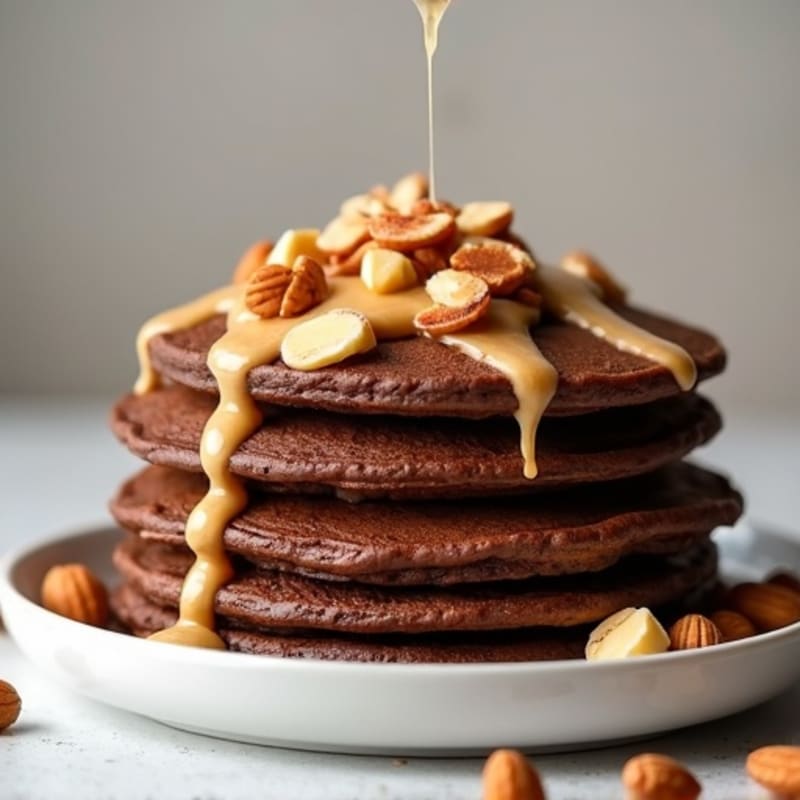 Fluffy Chocolate Protein Pancakes with Almond Butter and Toasted Nuts