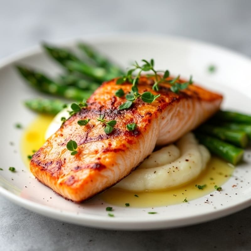 Seared Salmon Filet with Steamed Asparagus and Cauliflower Mash
