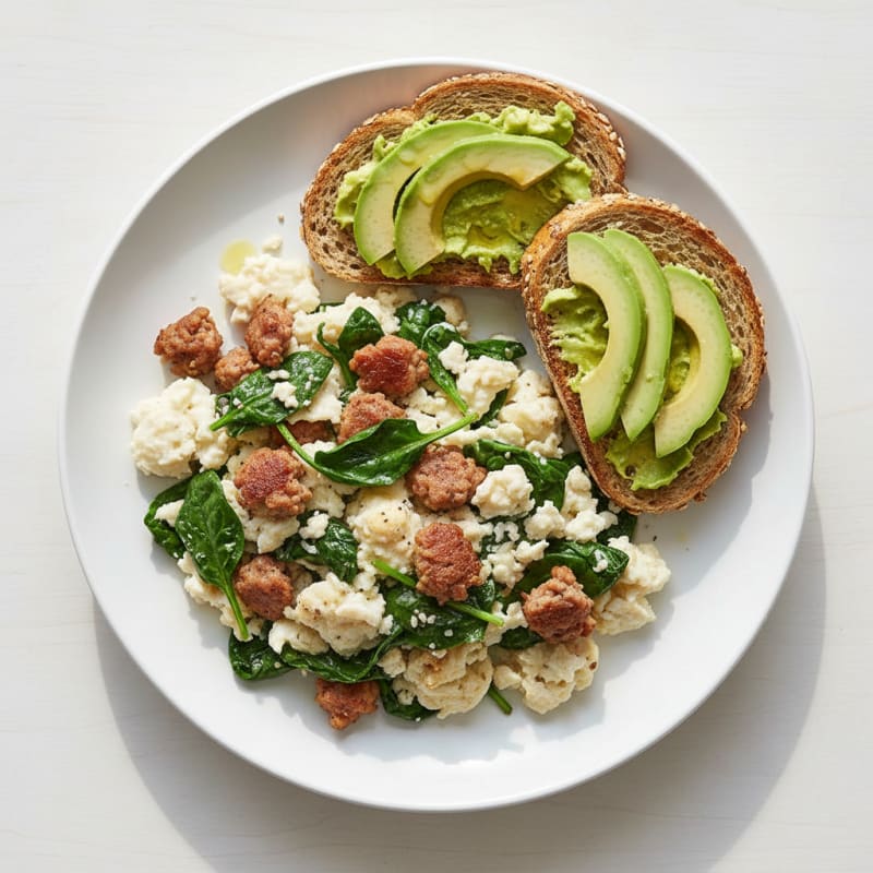 Egg White Scramble with Turkey Sausage and Sautéed Spinach