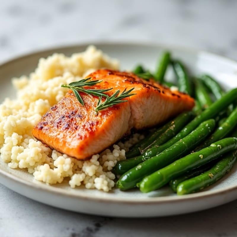 Seared Salmon with Steamed Green Beans and Cauliflower Rice