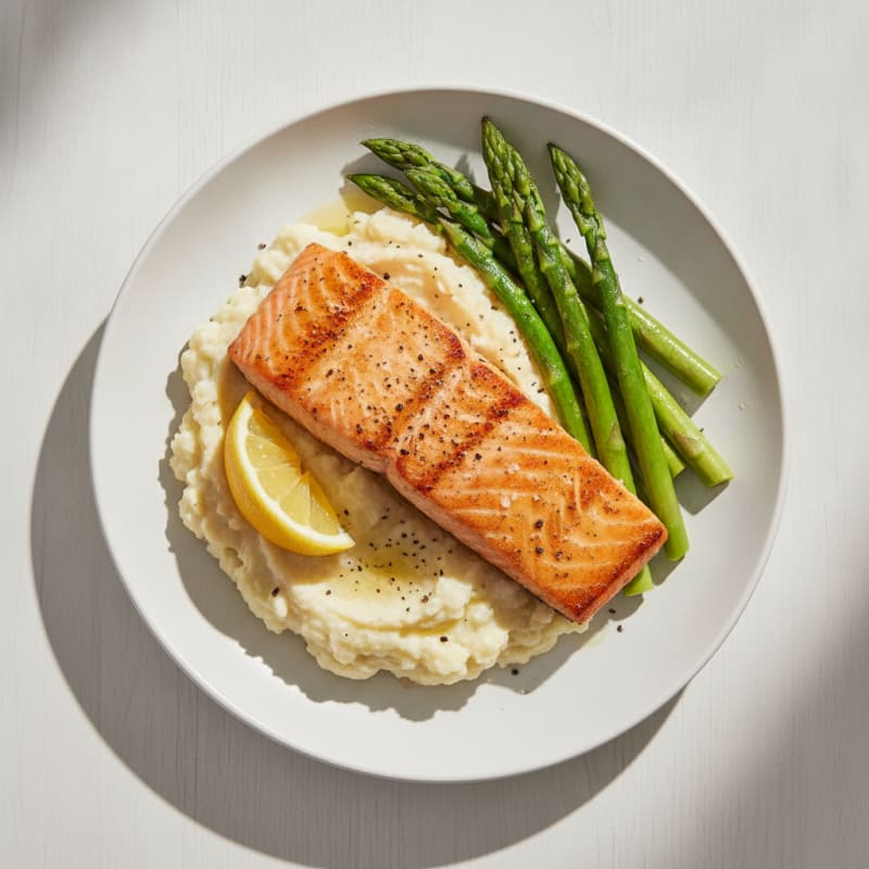 Seared Salmon with Steamed Asparagus and Garlic Cauliflower Mash