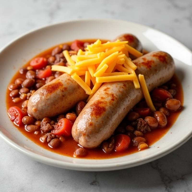 Baked Lean Turkey Sausage with Hearty Beef Chili and Sharp Cheddar