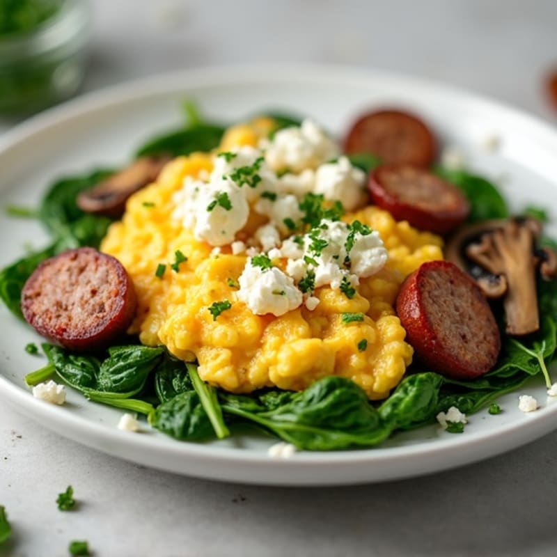 Egg White and Turkey Sausage Scramble with Spinach and Mushrooms