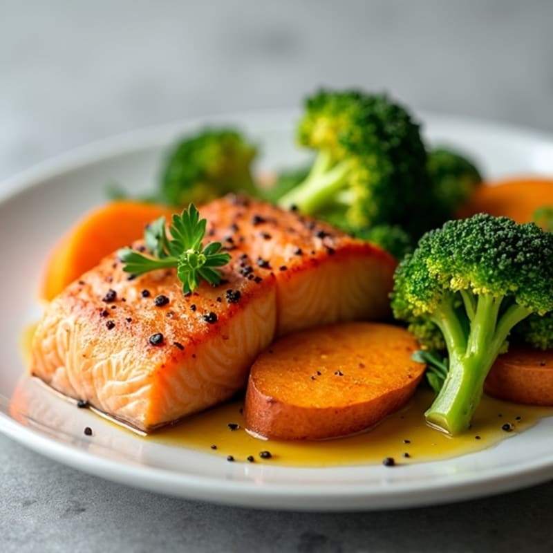 Seared Salmon with Roasted Sweet Potato and Steamed Broccoli
