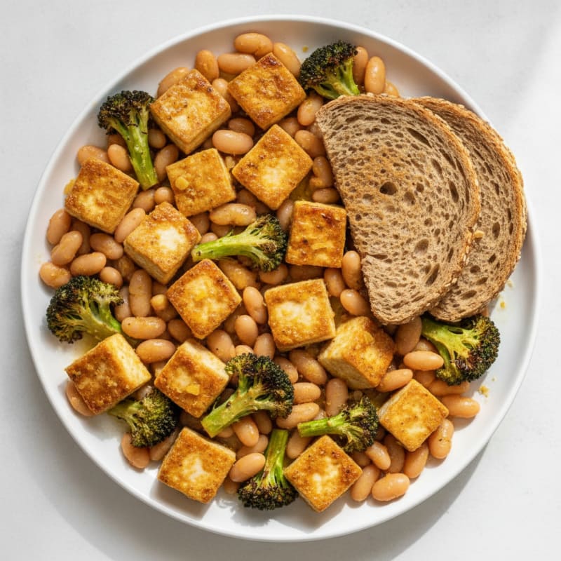 Silky Tofu and White Bean Sheet Pan Bake with Whole Grain Bread