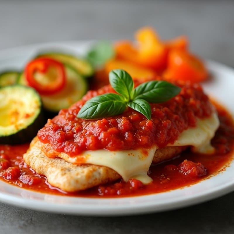 Marinara Baked Chicken Stuffed with Melty Mozzarella and Lean Turkey Pepperoni with Roasted Zucchini and Bell Peppers