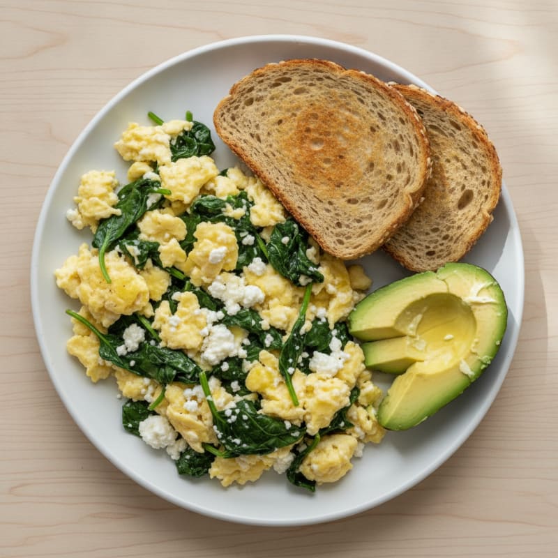 Scrambled Eggs with Cottage Cheese and Sautéed Spinach