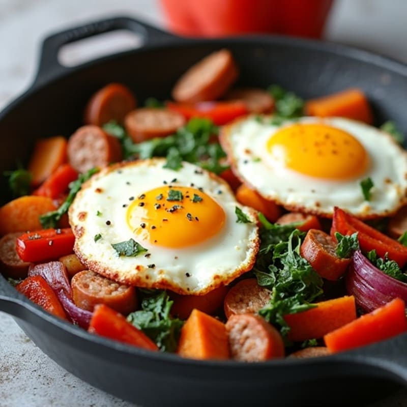 Crispy Sweet Potato and Lean Turkey Sausage Skillet with Baked Eggs