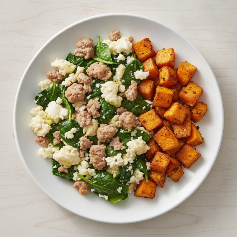 Egg White and Turkey Sausage Scramble with Spinach and Roasted Sweet Potatoes