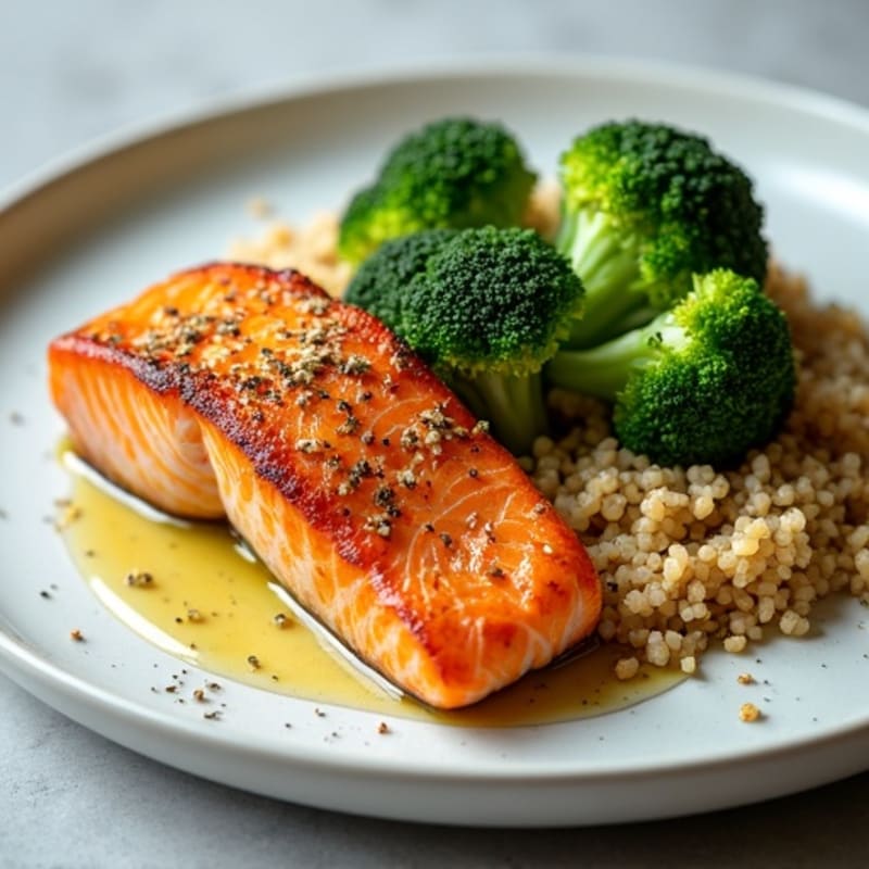 Seared Salmon Fillet with Steamed Broccoli and Quinoa
