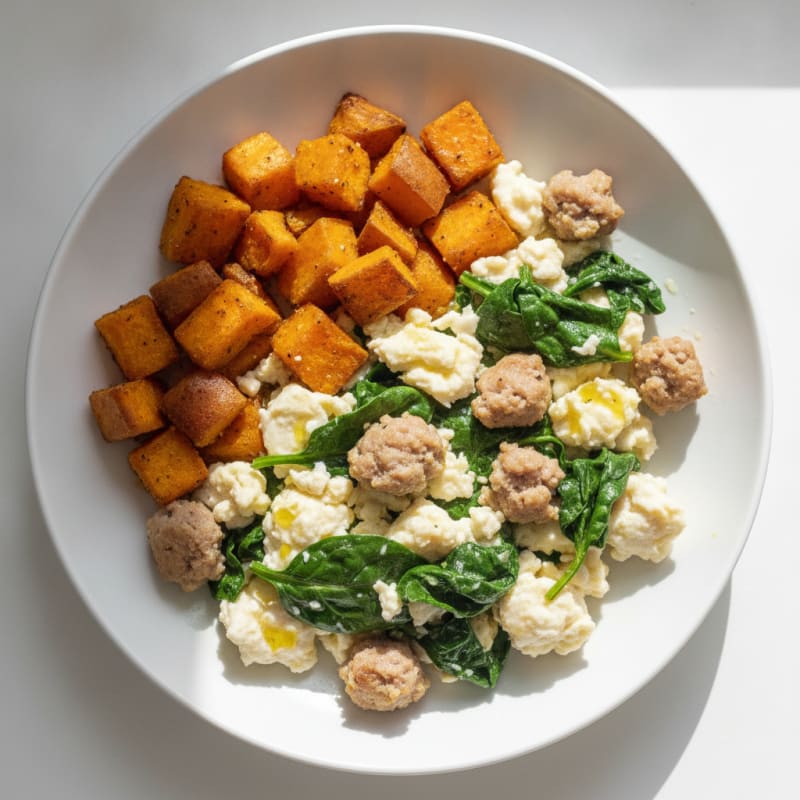 Egg White and Turkey Sausage Scramble with Spinach and Roasted Sweet Potato