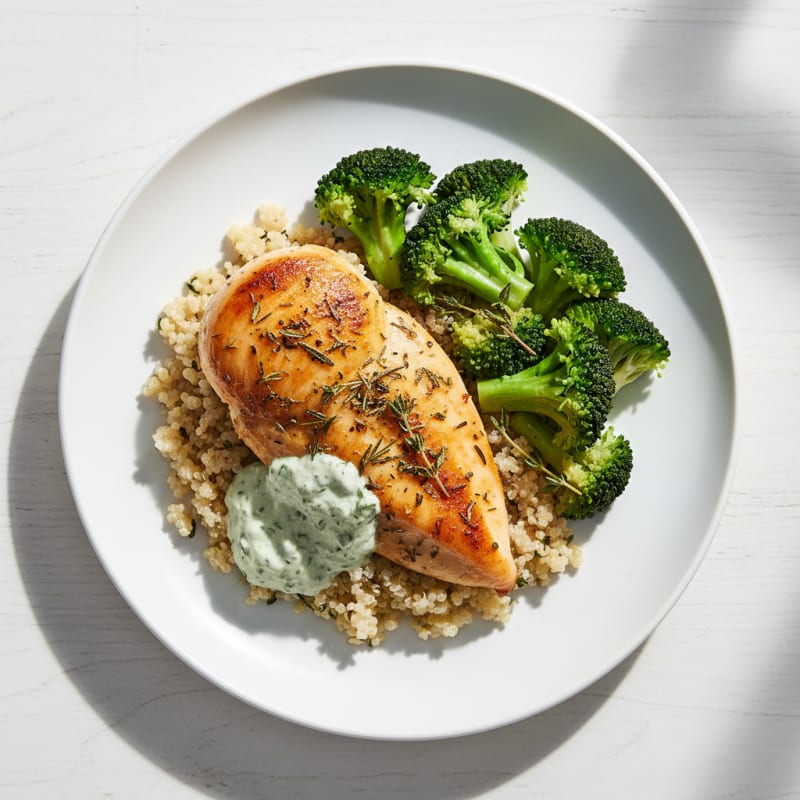 Herb-Roasted Chicken Breast with Steamed Broccoli and Quinoa