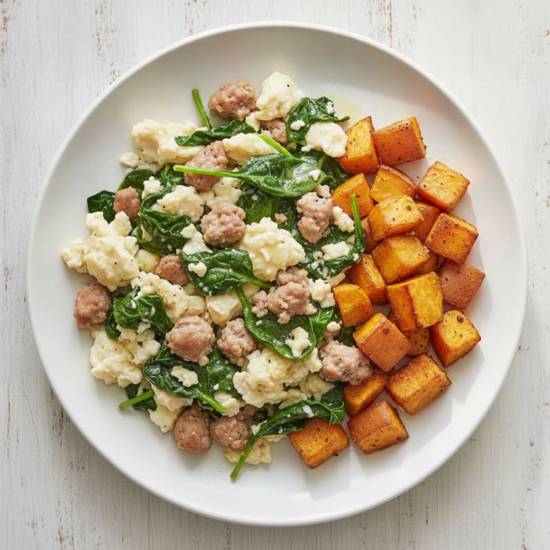 Egg White and Turkey Sausage Scramble with Spinach and Roasted Sweet Potatoes