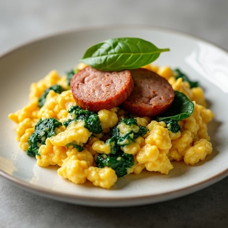 Fluffy Scrambled Eggs with Fresh Spinach and Lean Turkey Sausage