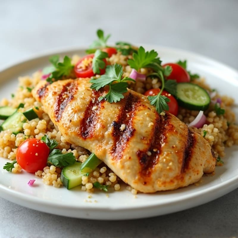 Grilled Chicken Breast with Quinoa Tabbouleh and Lemon Tahini Drizzle