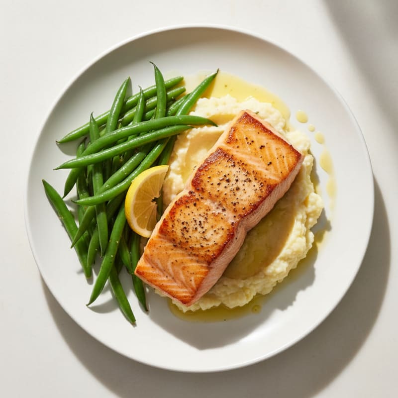 Seared Salmon with Garlic Green Beans and Cauliflower Mash