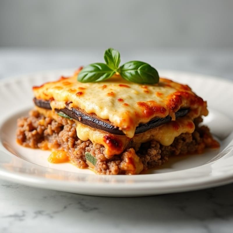 Layered Eggplant and Beef Casserole with Creamy Cauliflower Bechamel