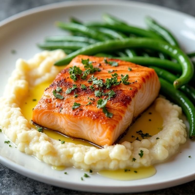 Seared Salmon Fillet with Garlic Green Beans and Cauliflower Mash