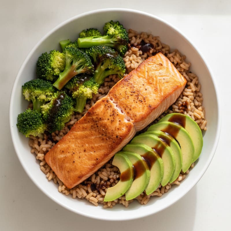 Seared Salmon Rice Bowl with Steamed Broccoli and Avocado