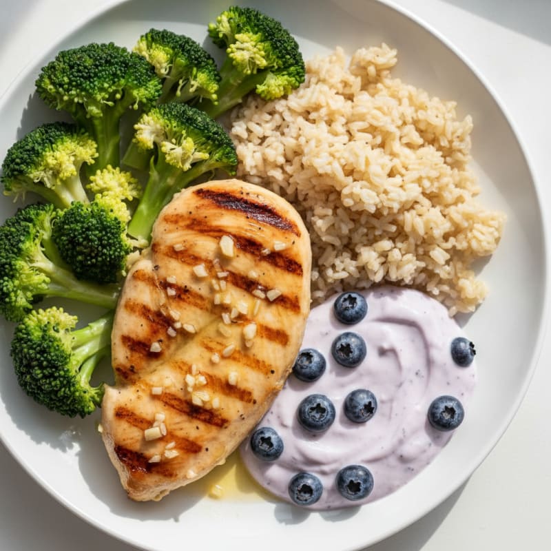 Grilled Lemon-Garlic Chicken Breast with Steamed Broccoli and Brown Rice