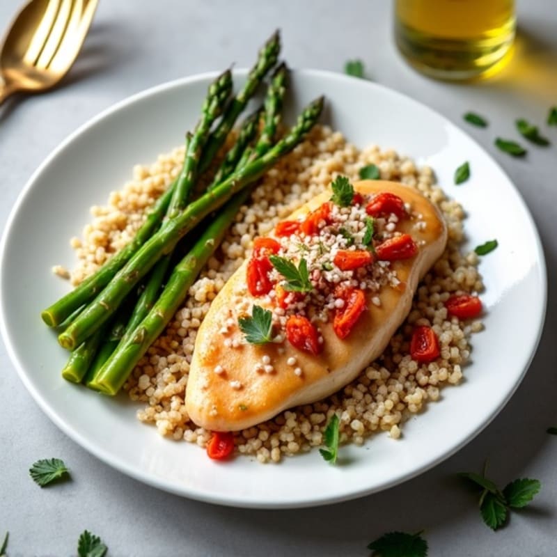 Creamy Sun-Dried Tomato Chicken with Roasted Asparagus and Quinoa