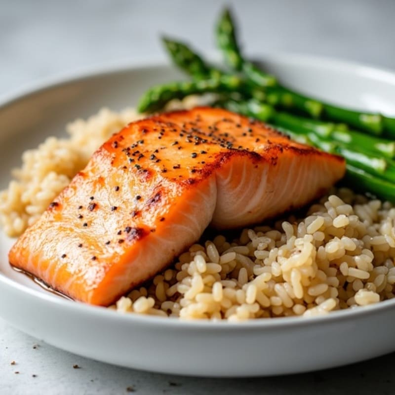 Seared Salmon with Steamed Asparagus and Brown Rice