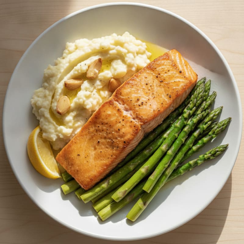 Seared Salmon with Steamed Asparagus and Garlic Mashed Cauliflower