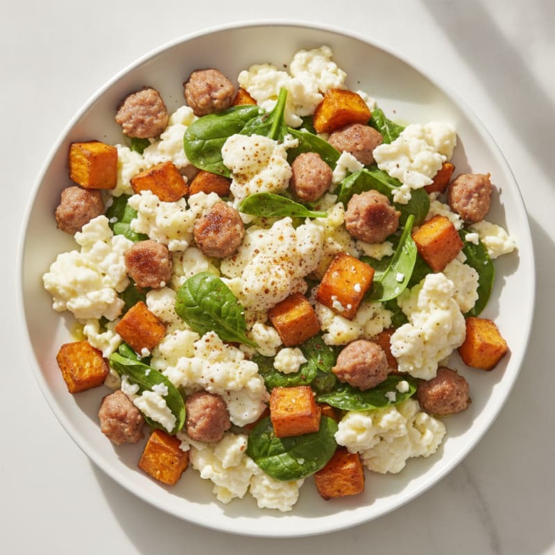 Egg White and Turkey Sausage Scramble with Spinach and Sweet Potato
