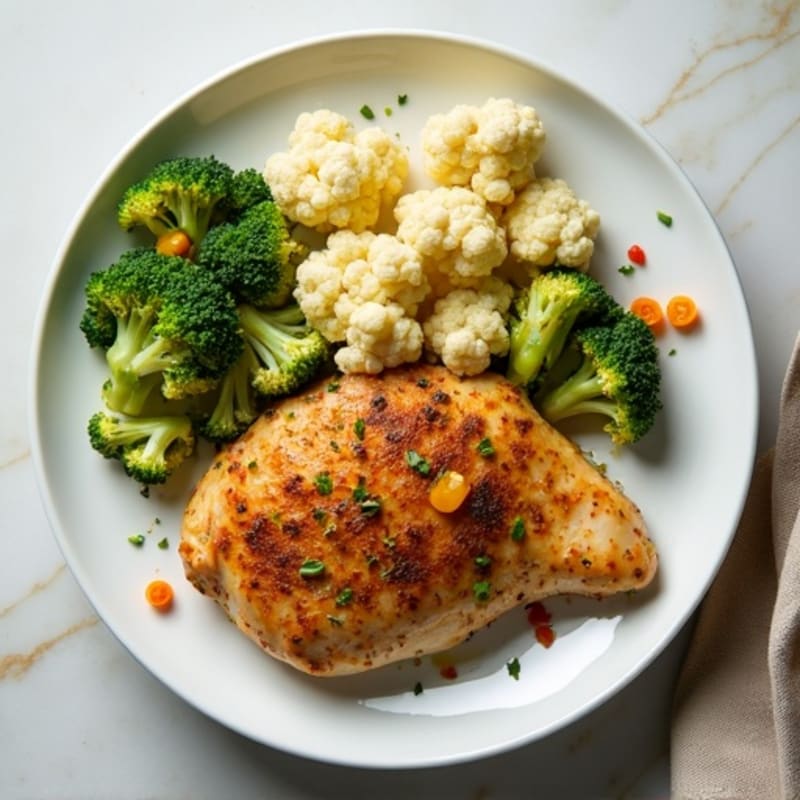 Herb Baked Chicken with Steamed Cauliflower, Broccoli, and Pickled Peppers