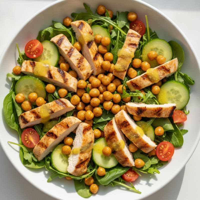 Grilled Chicken Breast Salad with Roasted Chickpeas and Mixed Greens