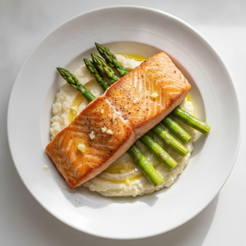 Seared Salmon with Steamed Asparagus and Cauliflower Mash