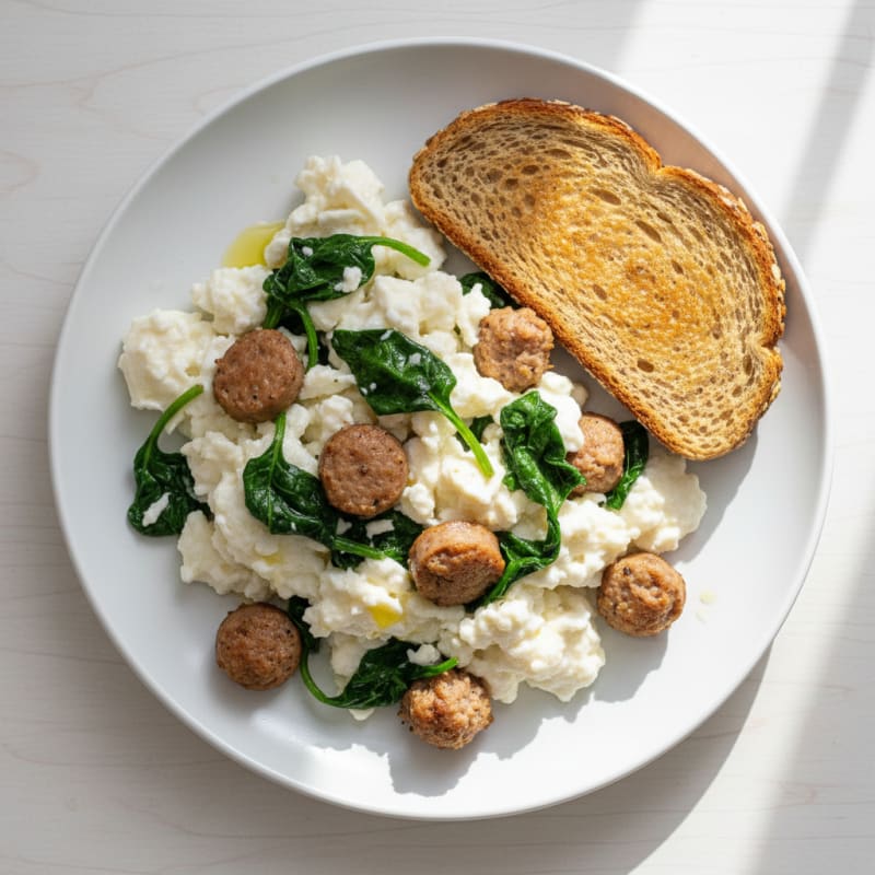 Egg White Scramble with Turkey Sausage and Sautéed Spinach