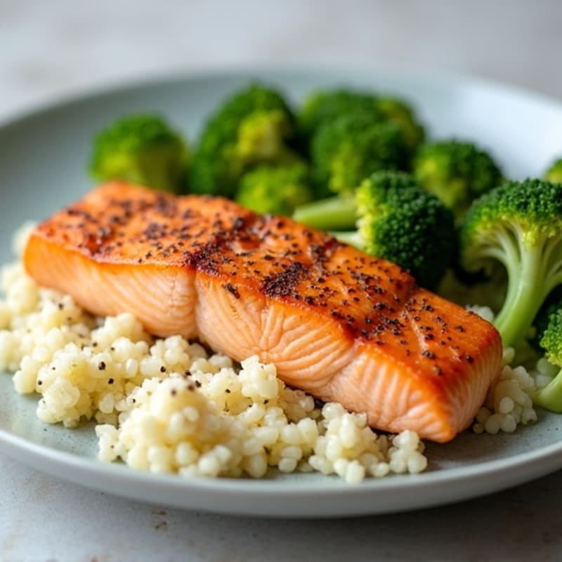 Seared Salmon Fillet with Steamed Broccoli and Cauliflower Rice