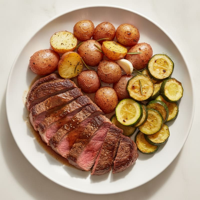 Pan-Seared Steak with Herb-Roasted Potatoes and Sautéed Zucchini