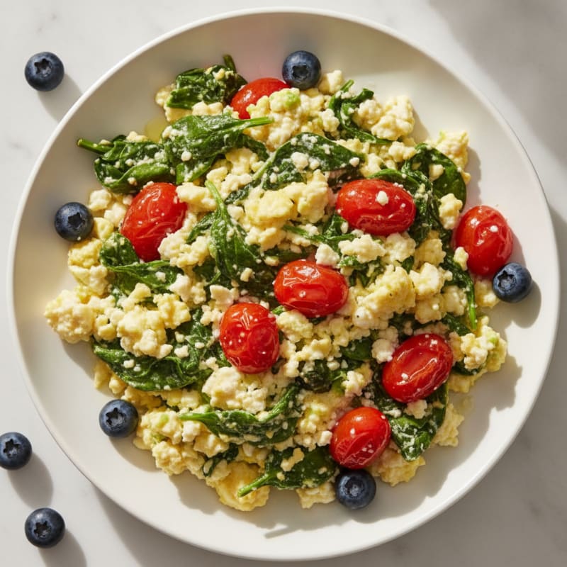 Cottage Cheese Scramble with Spinach and Cherry Tomatoes