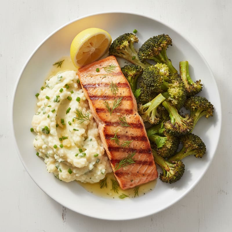 Seared Salmon with Roasted Broccoli and Garlic Mashed Cauliflower
