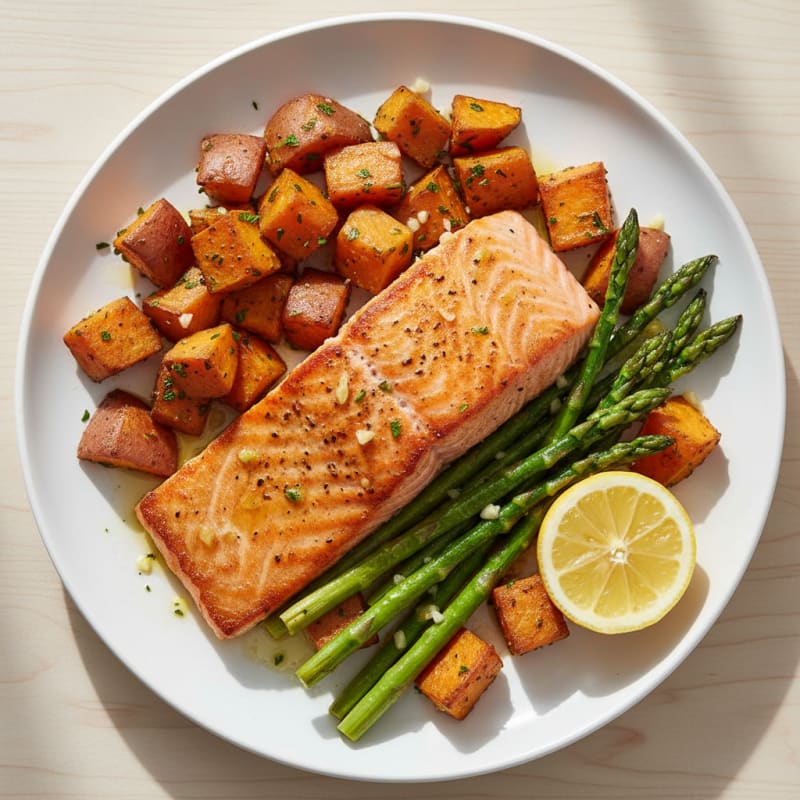 Seared Salmon Fillet with Roasted Sweet Potatoes and Asparagus