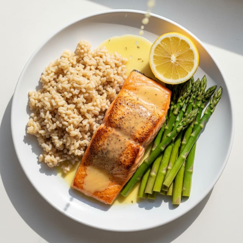 Seared Salmon with Steamed Asparagus and Brown Rice