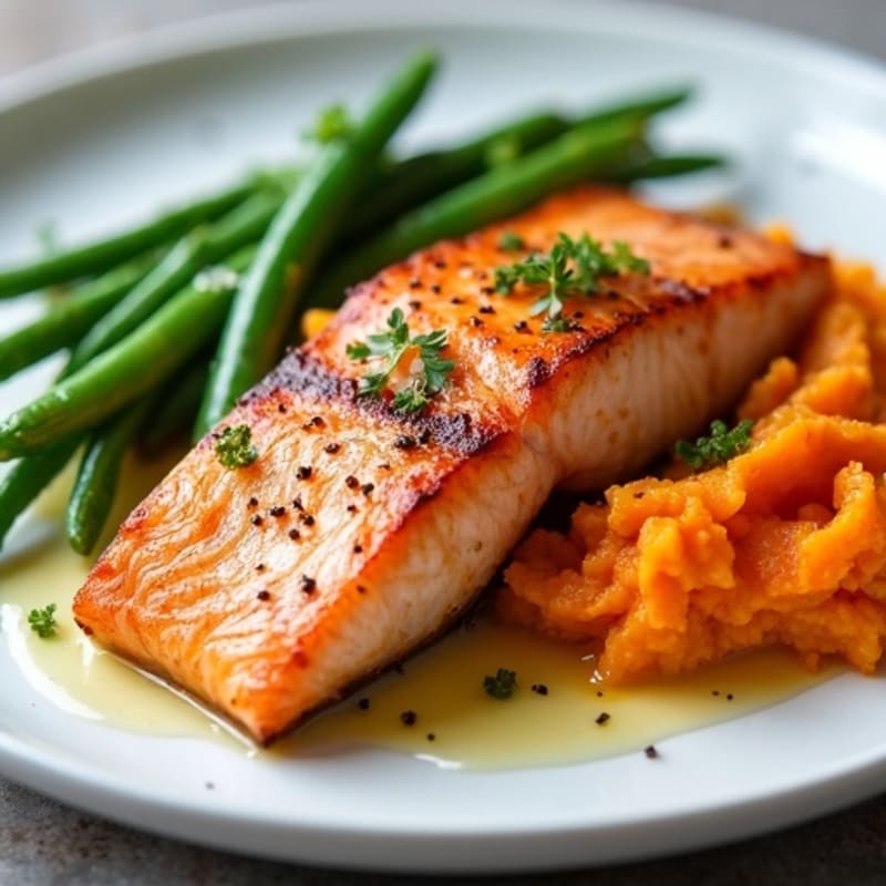 Seared Salmon with Garlic Green Beans and Sweet Potato Mash