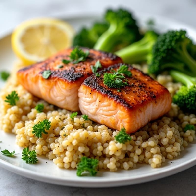 Seared Salmon with Lemon-Herb Quinoa and Steamed Broccoli