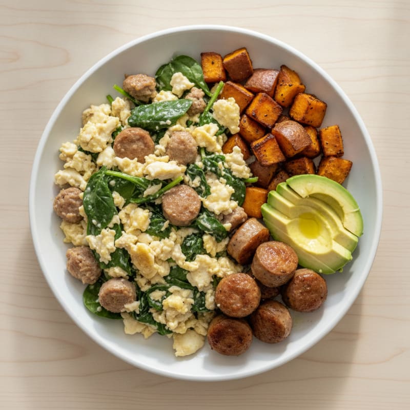 Egg White and Spinach Scramble with Turkey Sausage