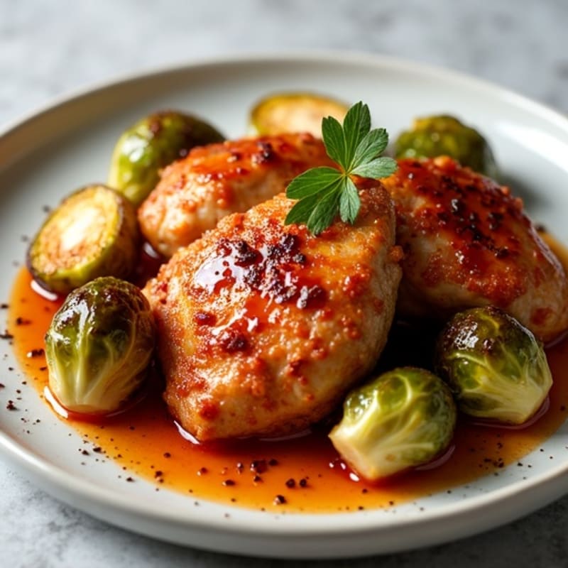 Crispy Gochujang Chicken Thighs with Roasted Kimchi Brussels Sprouts