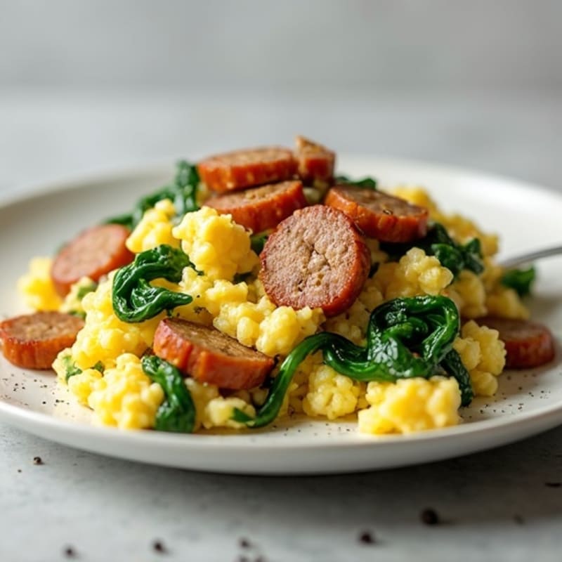 Egg White and Turkey Sausage Scramble with Sautéed Spinach