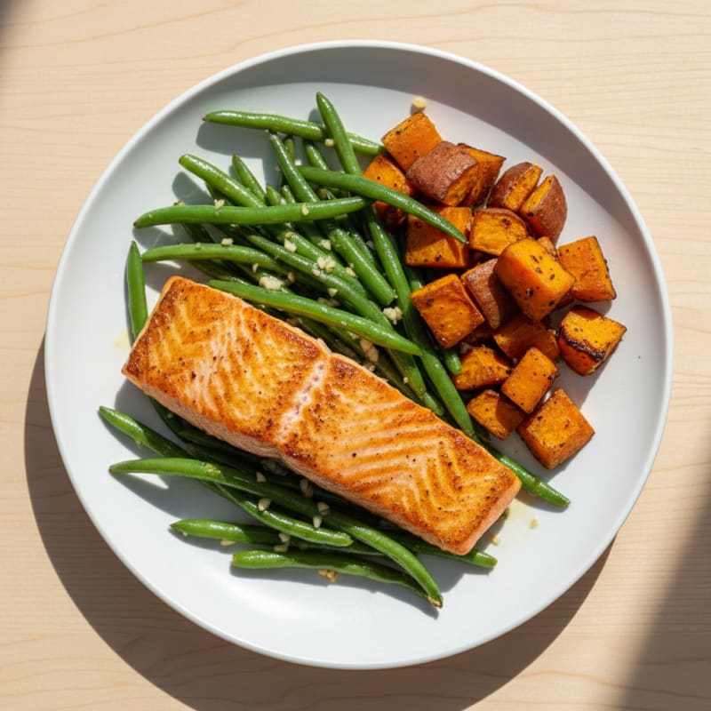 Seared Salmon with Garlic Green Beans and Roasted Sweet Potato