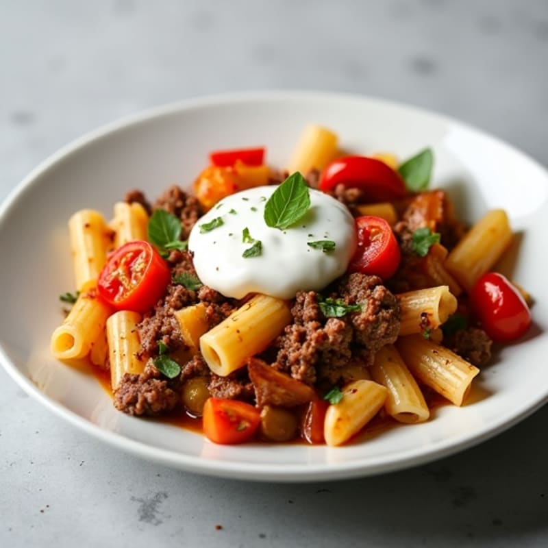 Ground Beef Pasta Skillet with Bell Peppers and Tomato, Creamy Yogurt Finish