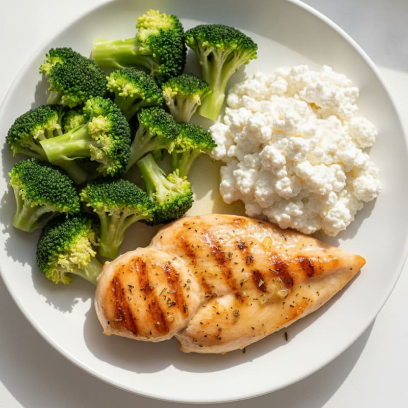 Grilled Chicken Breast with Steamed Broccoli and Cottage Cheese