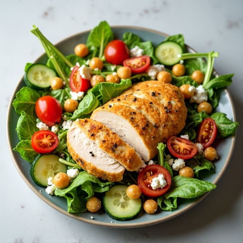 Lemon Herb Roasted Chicken Salad with Crispy Chickpeas and Creamy Feta Dressing